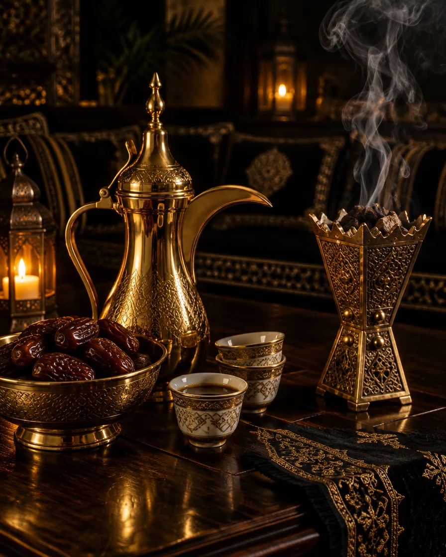 دلة قهوة ذهبية وفناجين وتمر ومبخرة عود